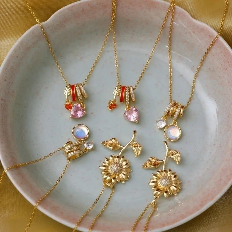 Sweet Commute Sunflower Heart Shape 304 Stainless Steel Zircon 16K Gold Plated 18K Gold Plated Stainless Steel Necklaces