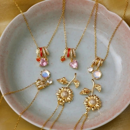 Sweet Commute Sunflower Heart Shape 304 Stainless Steel Zircon 16K Gold Plated 18K Gold Plated Stainless Steel Necklaces