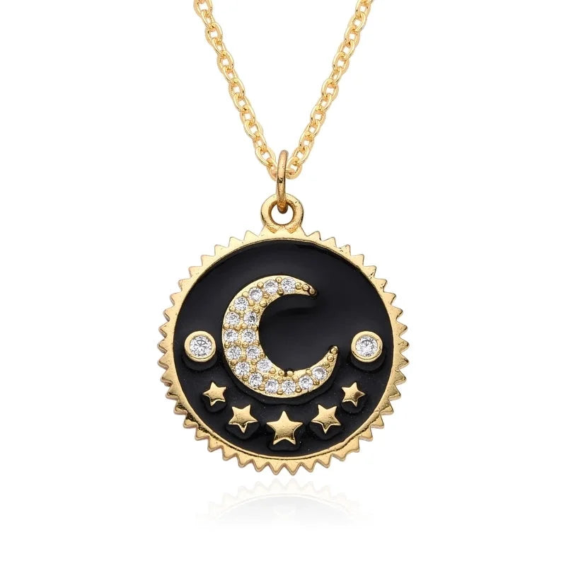 Copper Inlay Star Moon Zircon Pendant Necklace