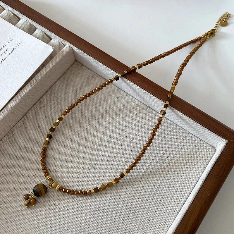 Minimalist Geometric Natural Stone Tiger Eye Pendant Necklace In Bulk