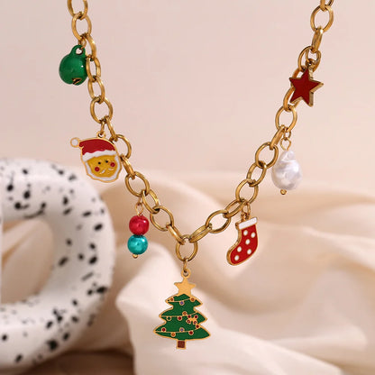Cute Cartoon Christmas Tree Socks Old Man Pendant Stainless Steel 18k Gold Plated Handmade Chain Christmas Necklace For Women