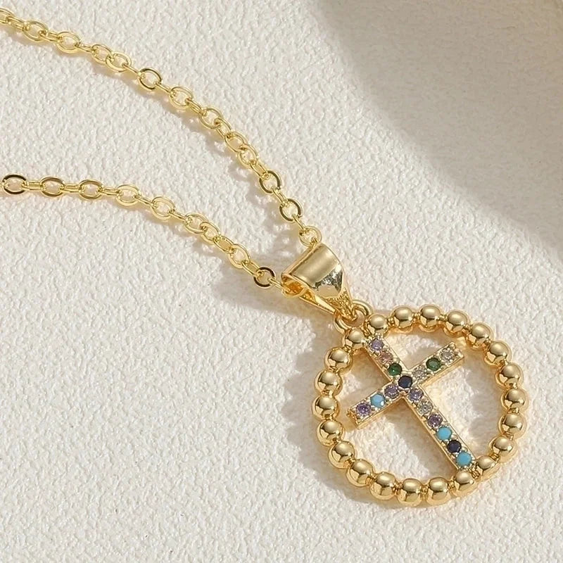 Vintage Style Minimalist Cross Copper 14k Gold Plated Zircon Pendant Necklace In Bulk