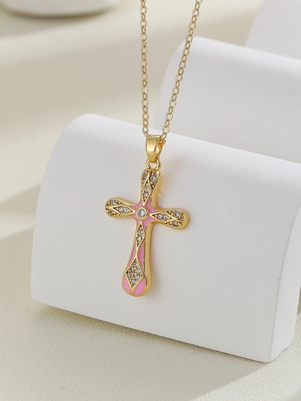 Copper Inlay Cross Rhinestones Pendant Necklace