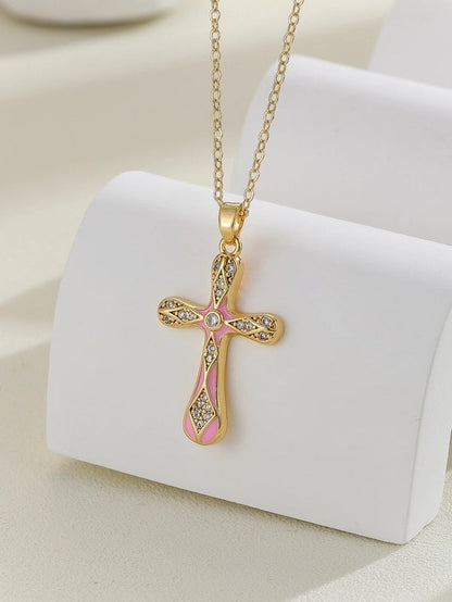 Copper Inlay Cross Rhinestones Pendant Necklace