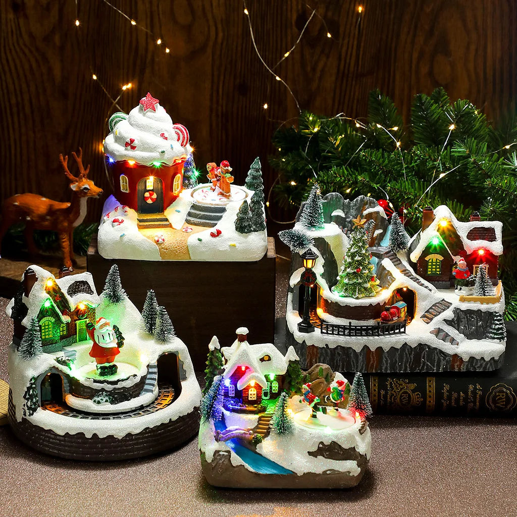 Multiple Christmas Rotating Resin Glowing Music Box Ornaments Rotating Small Train Christmas Gift