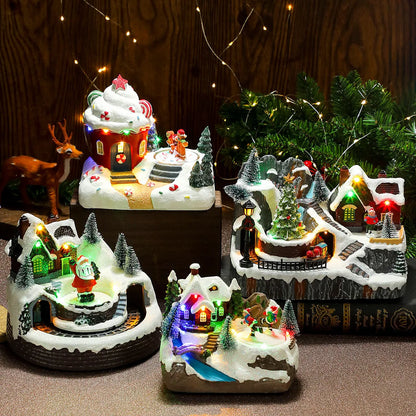 Multiple Christmas Rotating Resin Glowing Music Box Ornaments Rotating Small Train Christmas Gift