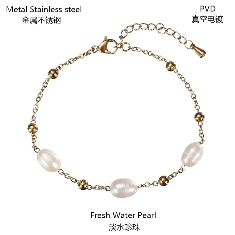 Lady Water Droplets Stainless Steel Freshwater Pearl Beaded Bracelets