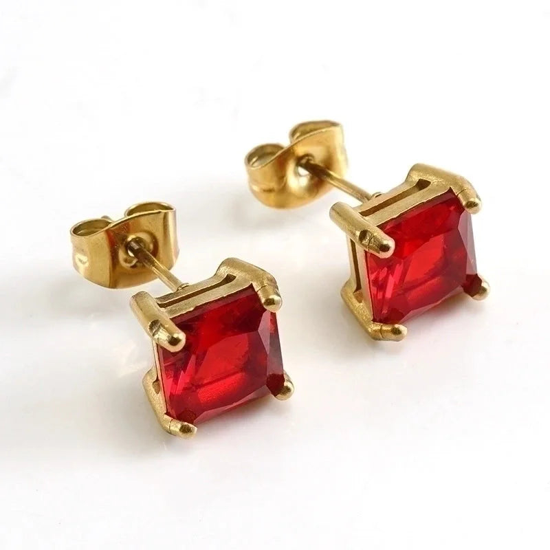 1 Pair Retro Square Inlaid Zircon 304 Stainless Steel Zircon 18K Gold Plated Stainless Steel Earrings