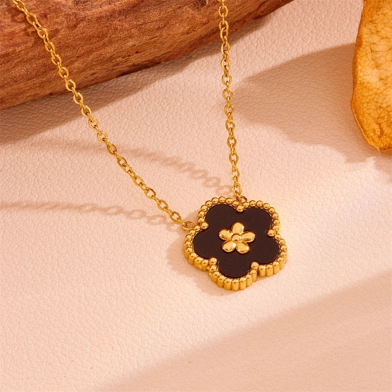 Sweet Minimalist Flower Titanium Steel Artificial Gemstones Turquoise Shell Inlay Jewelry Set