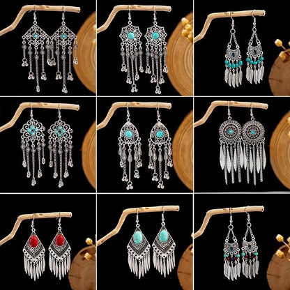Bohemian Blue Turquoise National Style Earrings Imitation Miao Silver Metal Earrings Vintage Tassel Earrings