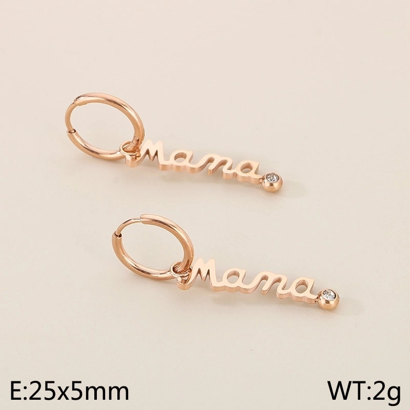 304 Stainless Steel 18K Gold Plated MAMA Minimalist Inlay Letter Zircon Earrings Necklace