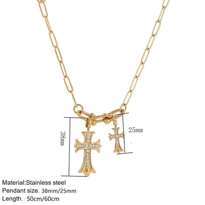 Classic Style Cross 304 Stainless Steel Rhinestones 18K Gold Plated Chain Pendant Necklace