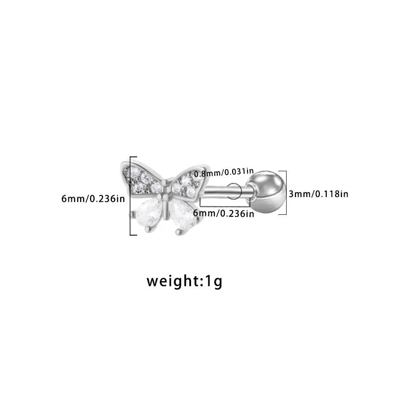 1 Piece Casual Classic Style Heart Shape Butterfly Bow Knot 316 Stainless Steel Copper Resin Rhinestones Glass White Gold Plated Stainless Steel Earrings