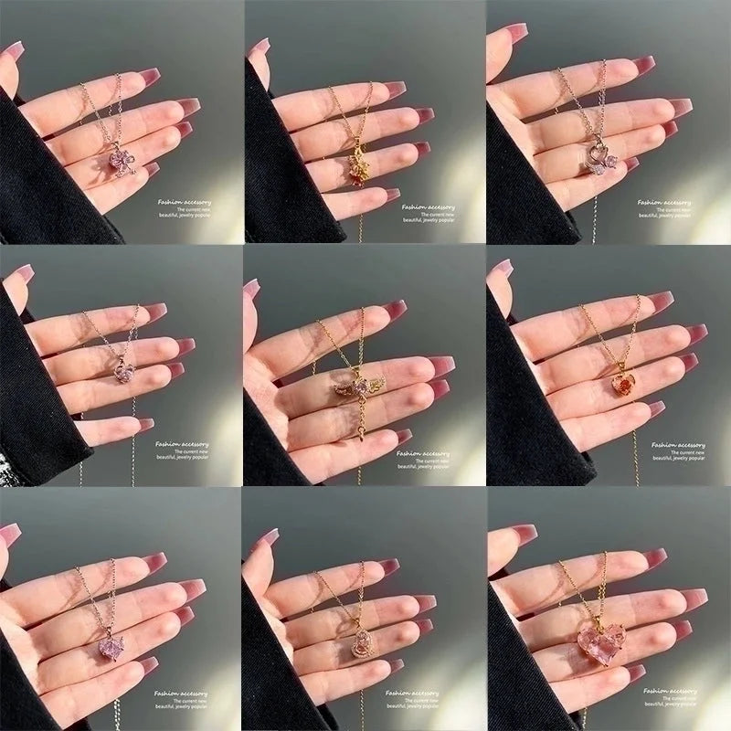 2 Pieces Vintage Style Heart Shape Flower Bow Knot Titanium Steel Copper Tassel Plating Inlay Zircon Pendant Necklace