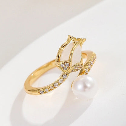 Lady Heart Shape Crown Flower Copper Zircon Inlay Open Rings