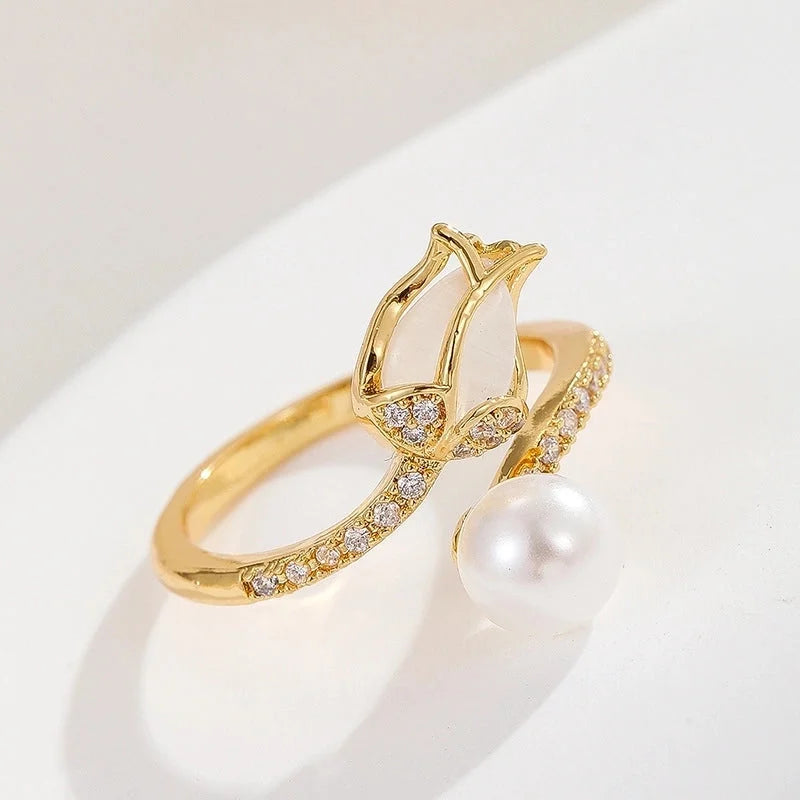 Lady Heart Shape Crown Flower Copper Zircon Inlay Open Rings