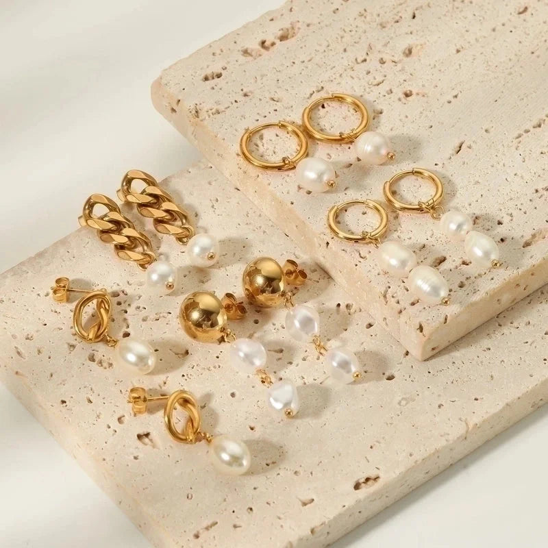 1 Pair Minimalist Round Patchwork 304 Stainless Steel Artificial Pearls Freshwater Pearl 18K Gold Plated Drop Earrings