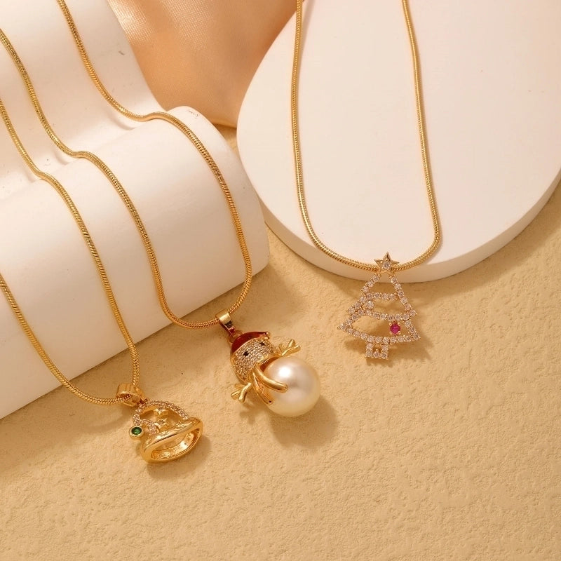 Stainless Steel Copper Plating Inlay Christmas Hat Christmas Tree Snowman Freshwater Pearl Zircon Pendant Necklace