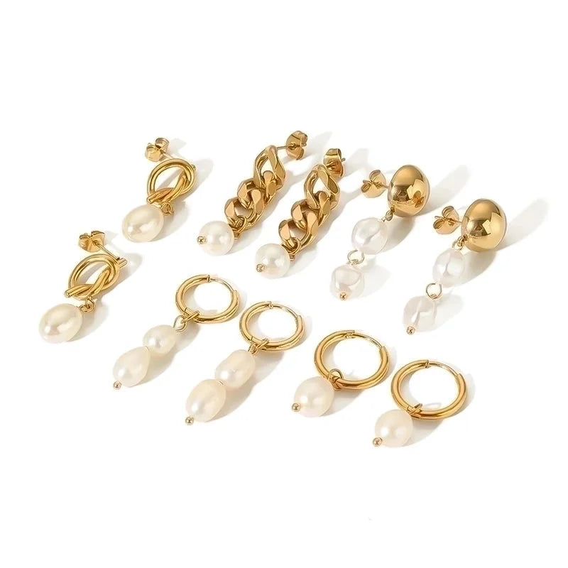 1 Pair Minimalist Round Patchwork 304 Stainless Steel Artificial Pearls Freshwater Pearl 18K Gold Plated Drop Earrings