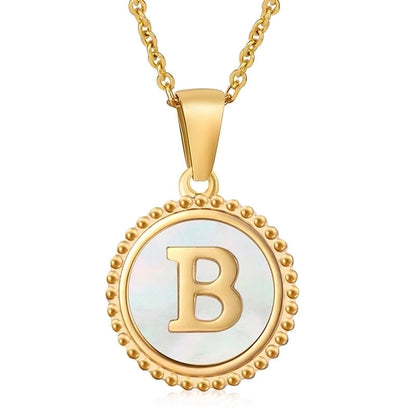 Minimalist Round Letter Stainless Steel Inlay Shell Pendant Necklace