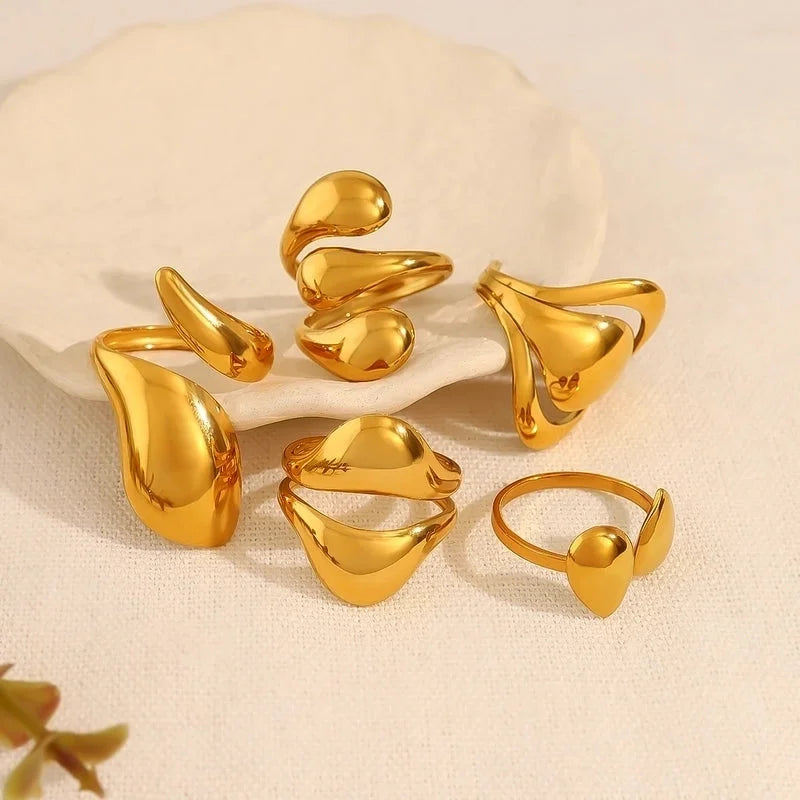 IG Style Vacation French Style Geometric Water Droplets 304 Stainless Steel 18K Gold Plated Open Rings