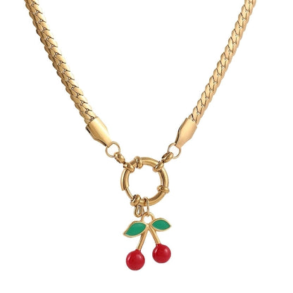 Elegant Minimalist Cherry 304 Stainless Steel Zircon 18K Gold Plated Inlay Pendant Necklace