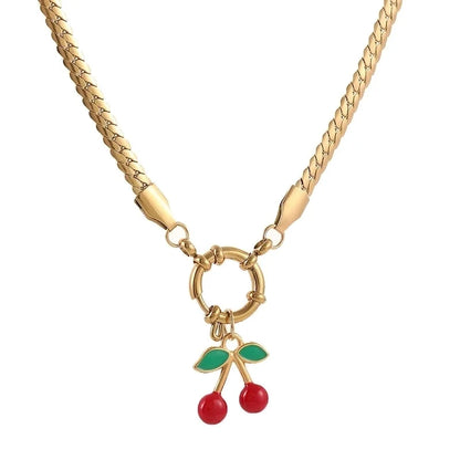Elegant Minimalist Cherry 304 Stainless Steel Zircon 18K Gold Plated Inlay Pendant Necklace