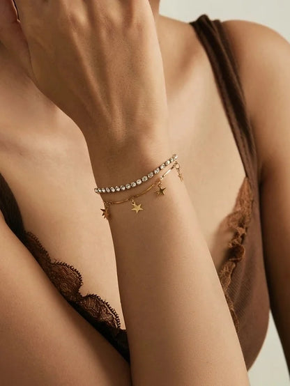 Elegant Glam Cross Star Leaves 304 Stainless Steel 18K Gold Plated Rhinestones Stainless Steel Bracelets In Bulk