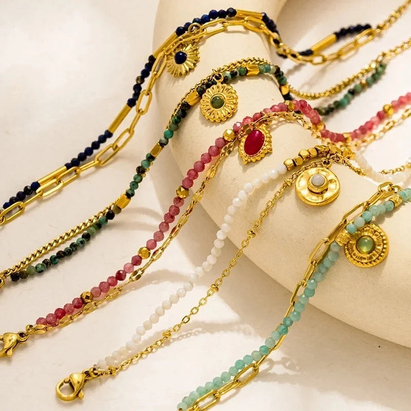 Bohemian Minimalist Commute Geometric 304 Stainless Steel 18K Gold Plated Natural Stone Zircon Bracelets In Bulk