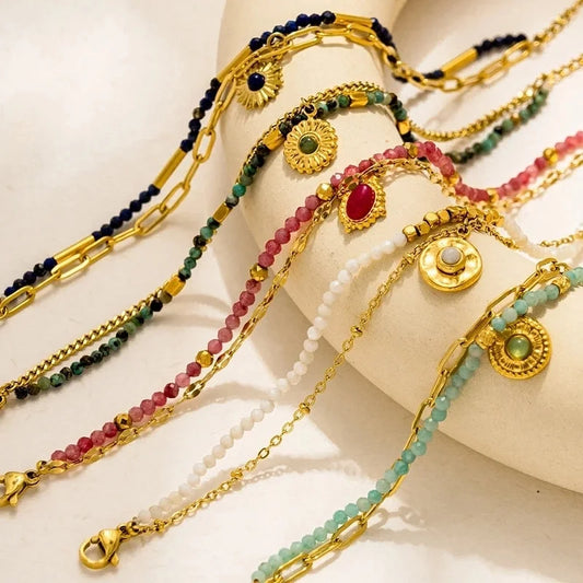 Bohemian Minimalist Commute Geometric 304 Stainless Steel 18K Gold Plated Natural Stone Zircon Bracelets In Bulk