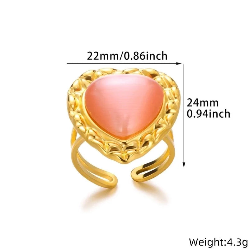 Elegant French Style Sweet Heart Shape 304 Stainless Steel Synthetic Gemstones Open Rings