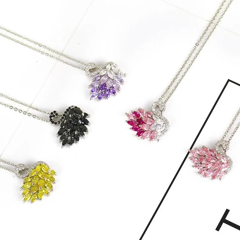 Sweet Minimalist Swan Copper White Gold Plated Zircon Pendant Necklace In Bulk