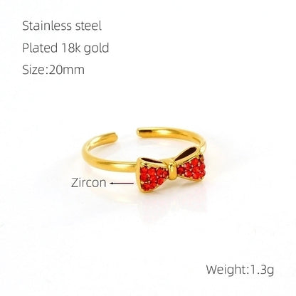 304 Stainless Steel 18K Gold Plated Retro Sweet Plating Inlay Bow Knot Zircon Open Rings