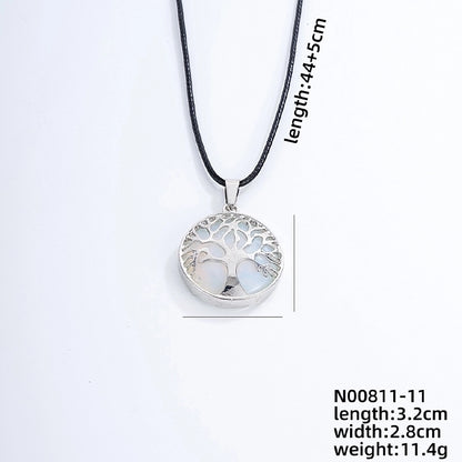 Ig Style Minimalist Round Tree Stainless Steel Natural Stone Leather Rope Inlay Natural Stone Pendant Necklace