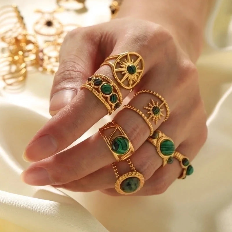 Stainless Steel 18K Gold Plated Basic Vintage Style Plating Inlay Round Natural Stone Open Rings