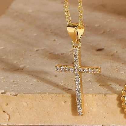 Vintage Style Minimalist Cross Copper 14k Gold Plated Zircon Pendant Necklace In Bulk