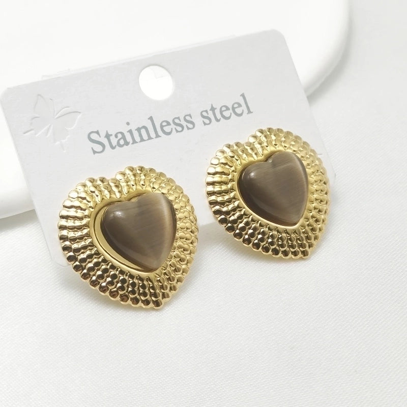 1 Pair Elegant Retro Commute Heart Shape Inlay 304 Stainless Steel Artificial Gemstones Ear Studs