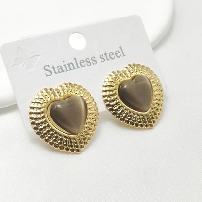 1 Pair Elegant Retro Commute Heart Shape Inlay 304 Stainless Steel Artificial Gemstones Ear Studs