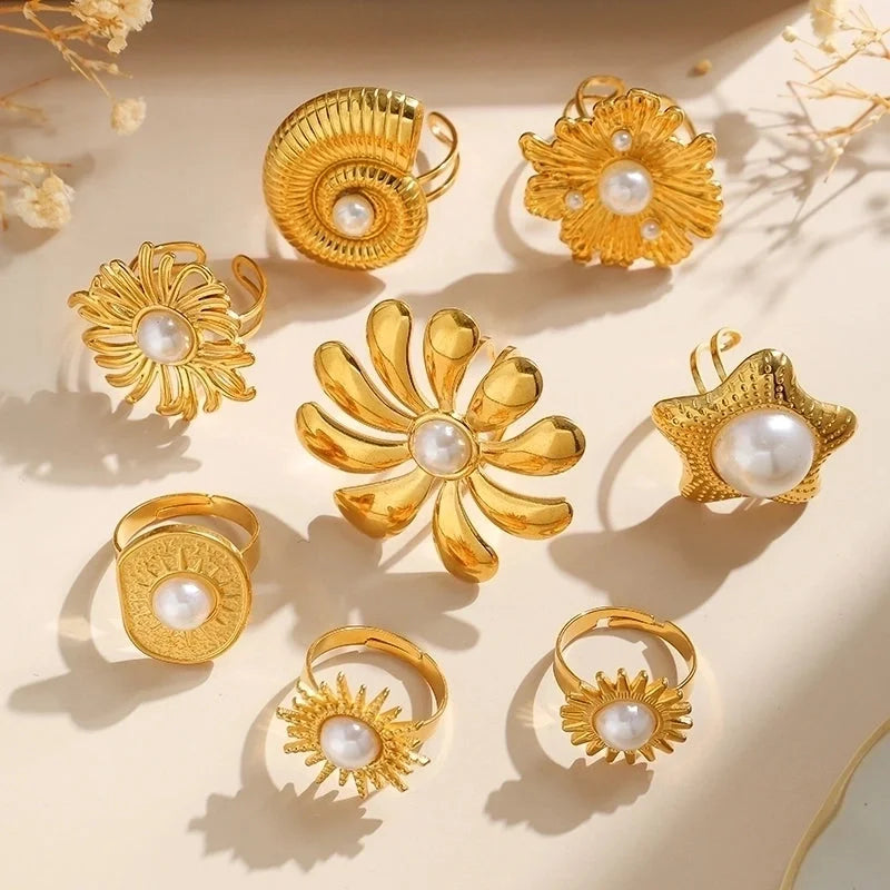 Elegant Luxurious Baroque Style Pentagram Sun Flower 304 Stainless Steel Pearl 14K Gold Plated Open Rings
