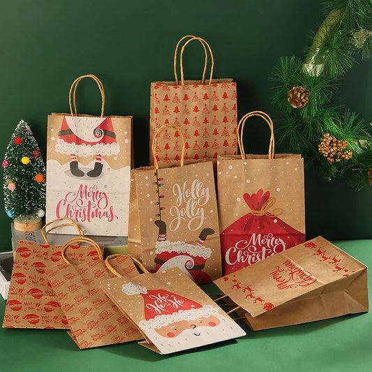12 Pieces Kraft Paper Bag Christmas Gift Bag Series Handheld Paper Bag Gift Bag
