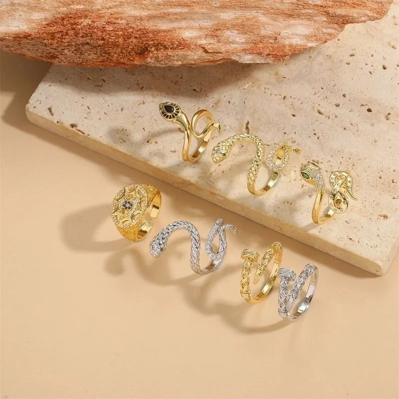 Minimalist Animal Snake Copper Inlay 14K Gold Plated Zircon Open Rings