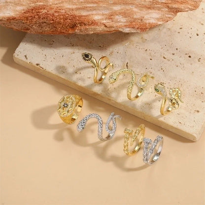 Minimalist Animal Snake Copper Inlay 14K Gold Plated Zircon Open Rings