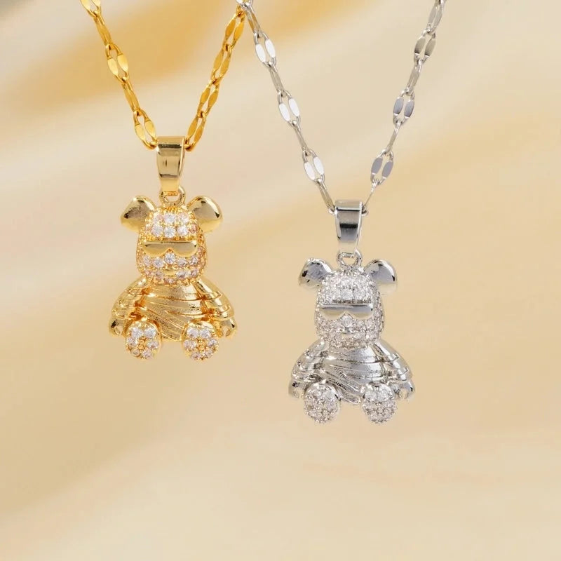304 Stainless Steel Copper K Gold Plated Cute Sweet Korean Style Three-dimensional Inlay Little Bear Zircon Pendant Necklace