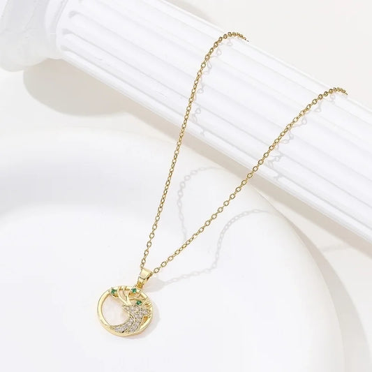 Vintage Style Elk Stainless Steel Zircon 18K Gold Plated Plating Inlay Pendant Necklace