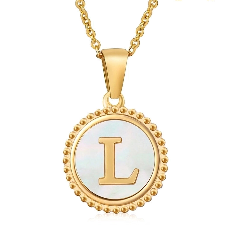 Minimalist Round Letter Stainless Steel Inlay Shell Pendant Necklace
