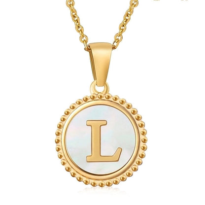 Minimalist Round Letter Stainless Steel Inlay Shell Pendant Necklace