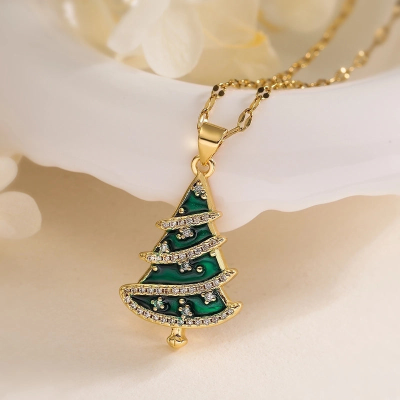 Copper Fish Mouth Chain 18K Gold Plated Enamel Inlay Christmas Tree Zircon Pendant Necklace