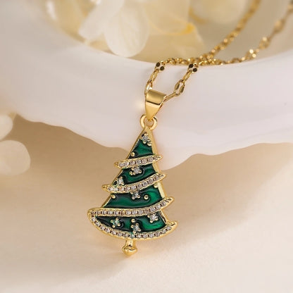 Copper Fish Mouth Chain 18K Gold Plated Enamel Inlay Christmas Tree Zircon Pendant Necklace