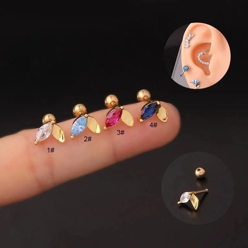 Ear Cartilage Rings & Studs Fashion Leaf 316L Stainless Steel Copper Plating Inlay Zircon
