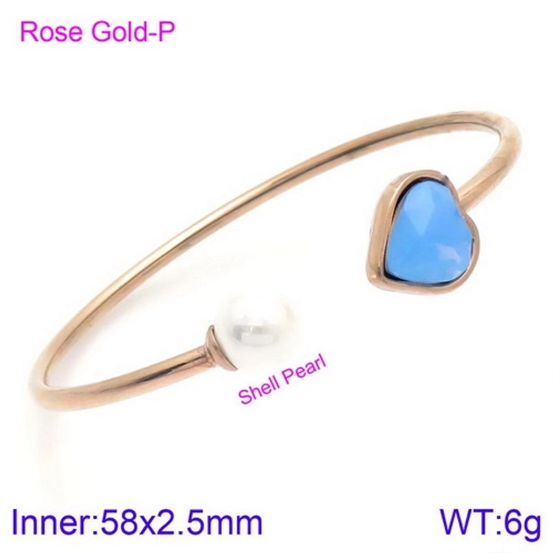 Modern Style Minimalist Heart Shape Stainless Steel Titanium Steel 18K Gold Plated Glass Stone Pearl Bangle In Bulk